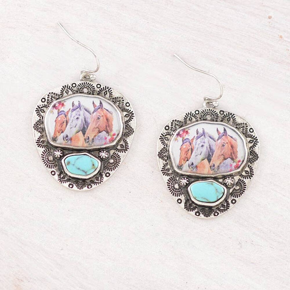 Turquoise & Silver Vintage Western Horse Concho Earrings
